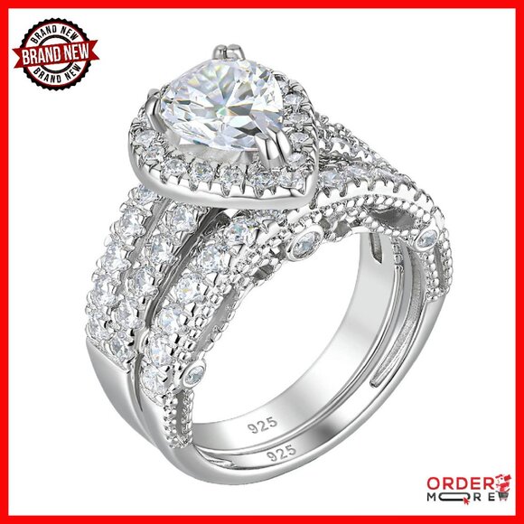 Pear Shape 925 Sterling Silver Cubic Zirconia Bridal Ring Set Size 7